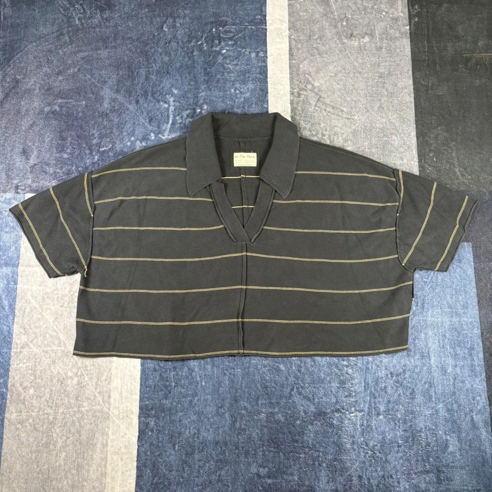 We The Free People Womens Black Striped Cropped OVersized Polo Knit Shirt Size L